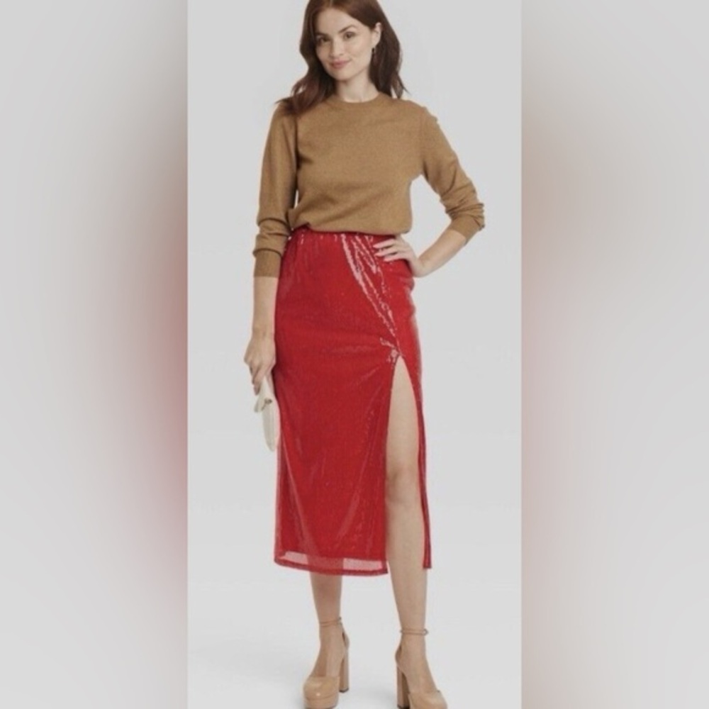 Red Sequin Maxi Skirt side split